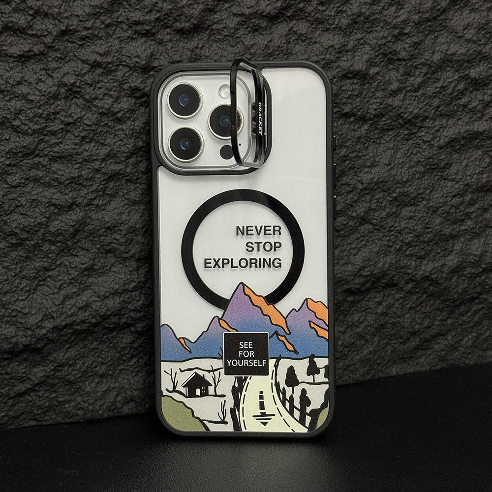 TEMU Phone Case - Luxury Magnetic Shockproof Printed Phone Case For Iphone16 Pro Max 15 14 13 12 11 Pro Max 15 Plus Metal Bracket Glass Lens