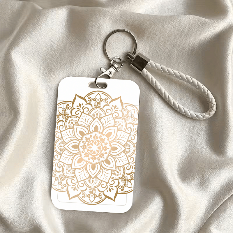 TEMU [2d Flat] Golden Mandala Pattern Practical Portable Card Holder With Lanyard, Essential For Daily , Compatible With Campus Id, Cards, Attendance