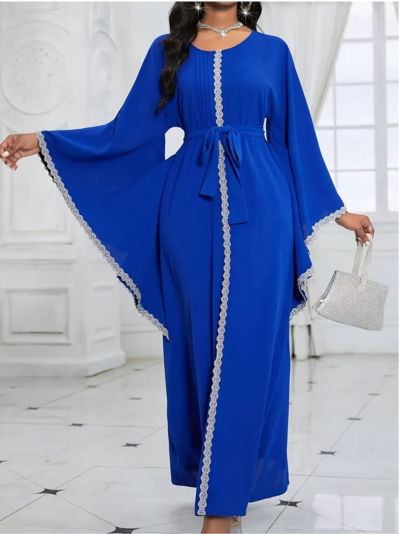 Royal Blue Lace-Trim Kaftan Maxi Dress with Belt