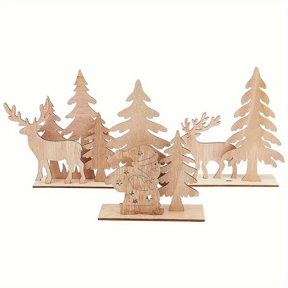 TEMU Décorations de table de Noël 2D - Figurines artisanales en bois de hêtre 2D3 - Arbres festifs, /chevreuils et Père Noël, avec autocollants pour