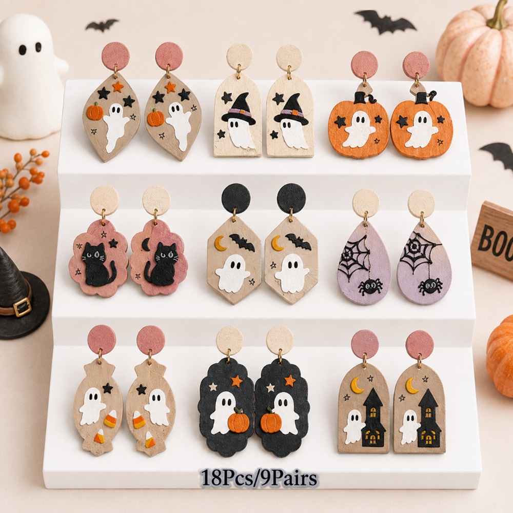 TEMU 18pcs/9pairs Women Halloween Wooden Dangle Earrings, Clay-look Printed Earrings With, Spooky Elf, Star And Pumpkin Patterns, Cute Spooky Holiday