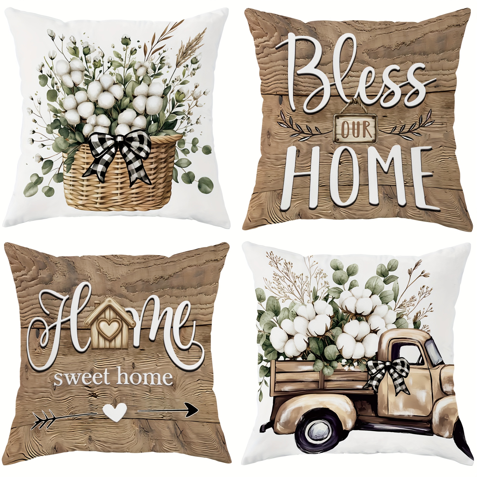 TEMU 2d Flat - Set Of 4 Single-sided 2d Flat Farm-themed Cushions, Featuring A Comfortable And And White With An Eucalyptus Truck Motif. Are Printed