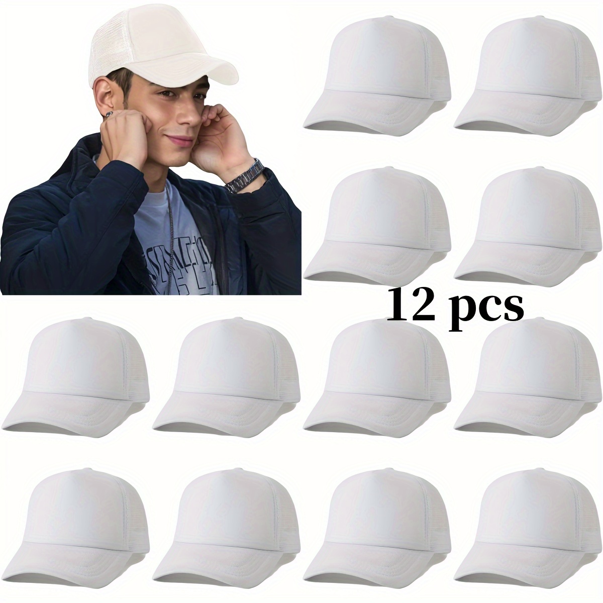 12 Black Baseball Caps, Breathable & Adjustable Fit
