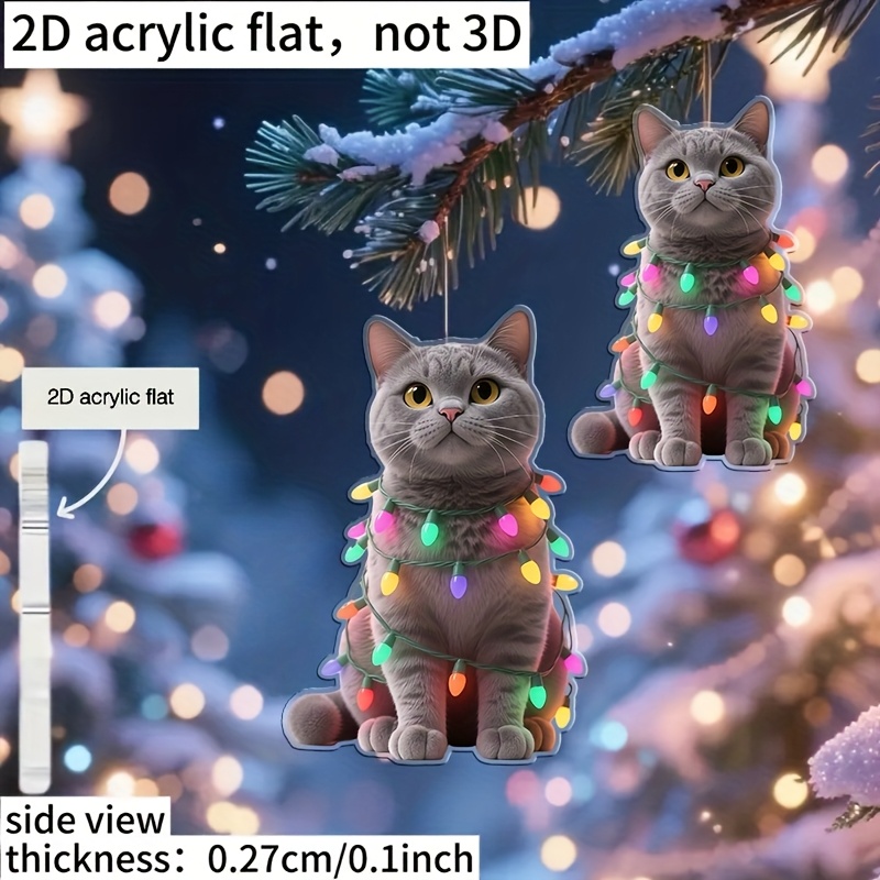 TEMU 2d Flat, 1pc Bohemian Cat-shaped Christmas Tree Pendant Ornament - Light Gray Acrylic Hanging Decoration With Hanging Loop, Cute Feline Tree