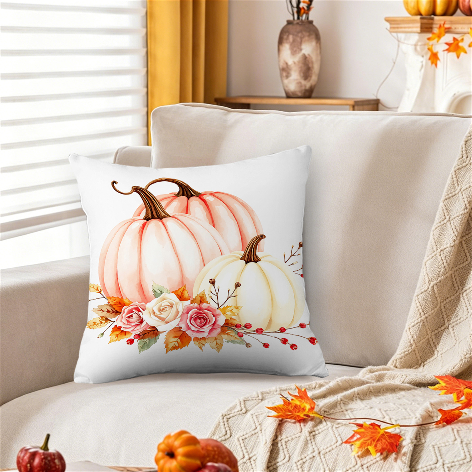 1pc pink and     watercolor fall throw pillow cover for thanksgiving day family gathering living room sofa decor