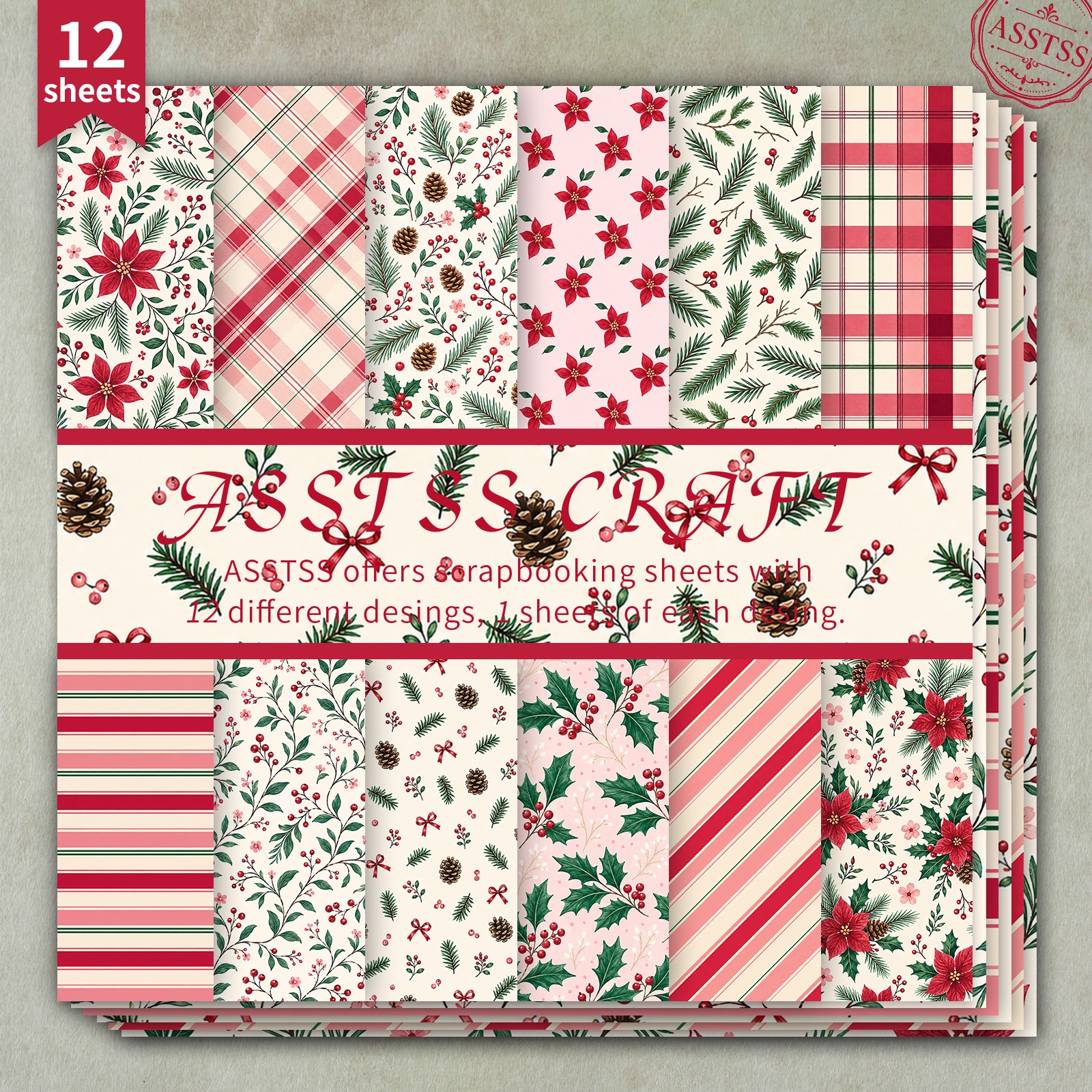 TEMU 12-sheet Asstss 6x6 Inch Scrapbooking Paper Pad, Christmas Stripe Style Backing Paper Supplies, Heavyweight Cardstock For Journaling, Collage