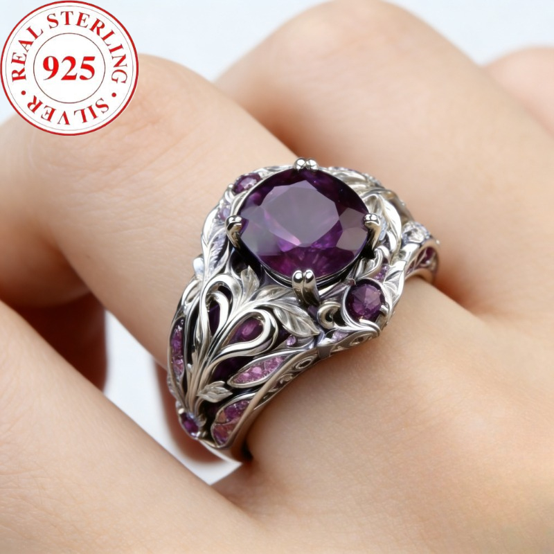 TEMU S925 Ring Set With Amethyst, Grand And Elegant, Designed As A Niche Men's And Women's Ring - Suitable For Engagement, Wedding, Banquet, Party