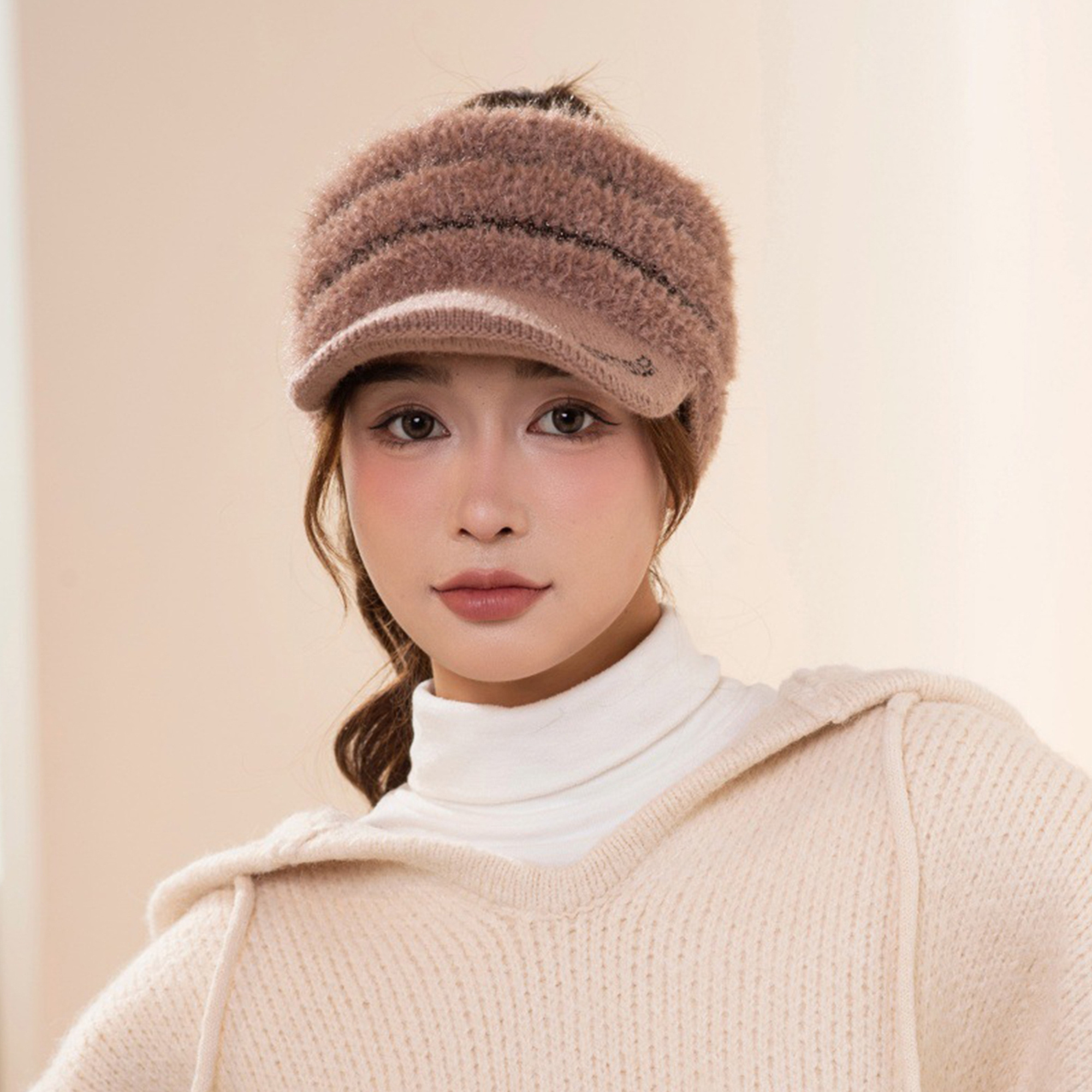 1pc women's winter warm knit visor hat with ear flaps polyester