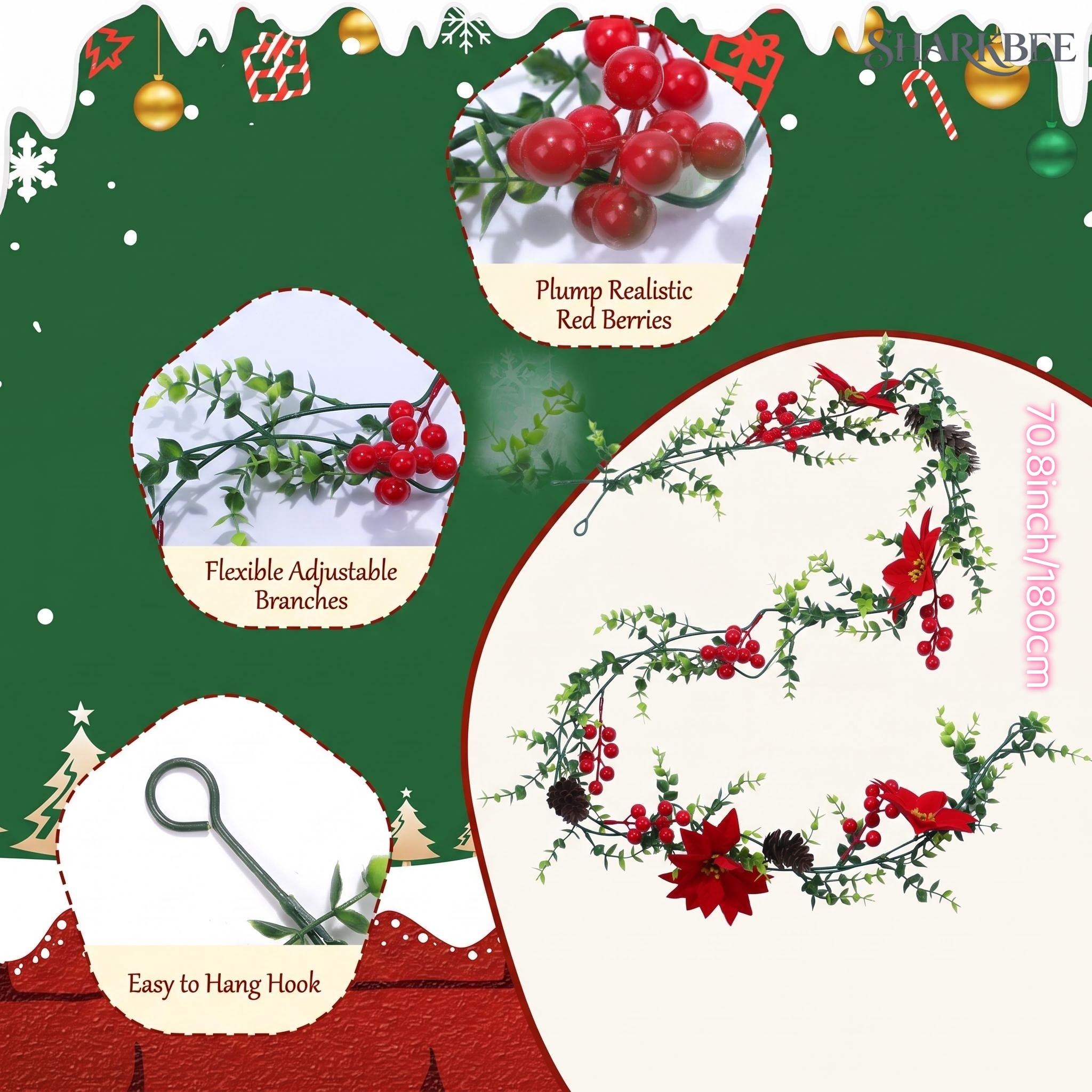 TEMU decorativa natalizia artificiale grande da 141,73 pollici di lunghezza = 2 pezzi, adornata con rosse, e di Natale��realizzata in materiale