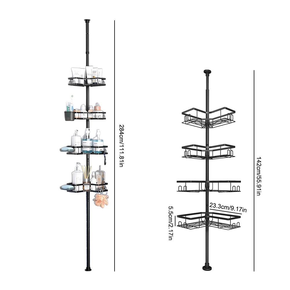 TEMU 4-tier Heavy-duty Stainless Rustproof Adjustable Corner Bathroom Shelf With Tension Rod System - Space-saving Bathtub/shower Storage Unit,