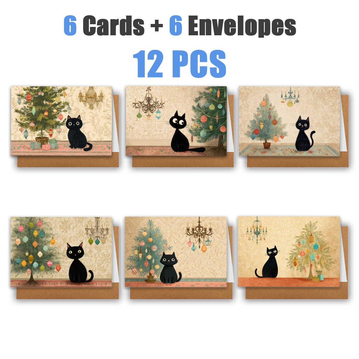 TEMU 12pcs Or 24pcs Packs Elegant Black Cat & Christmas Tree Greeting Cards With Envelopes - Cat-themed Holiday Cards Suitable For Birthdays, Thank