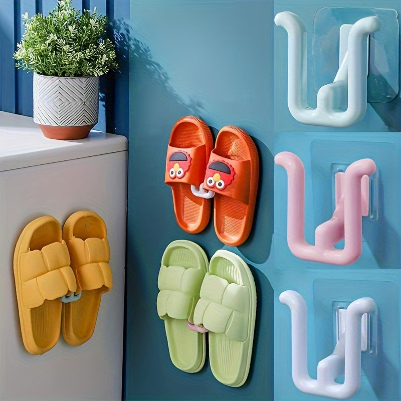 TEMU 4pcs Colorful Self-adhesive Slipper Racks - Waterproof, Wall-mounted Shoe Hooks For Bathroom, Kitchen & Bedroom Decor Space-saving, - Contemporary Style, Plastic Material,