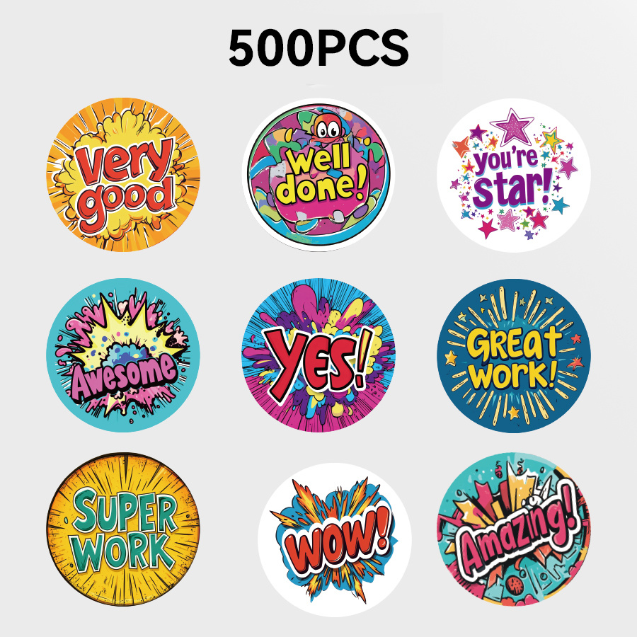 Image of 500pcs Motivational Stickers Compatible For //office - Cute Decals With Stars, Hearts & - Self-stick Glossy Paper Sheets (500pcs)