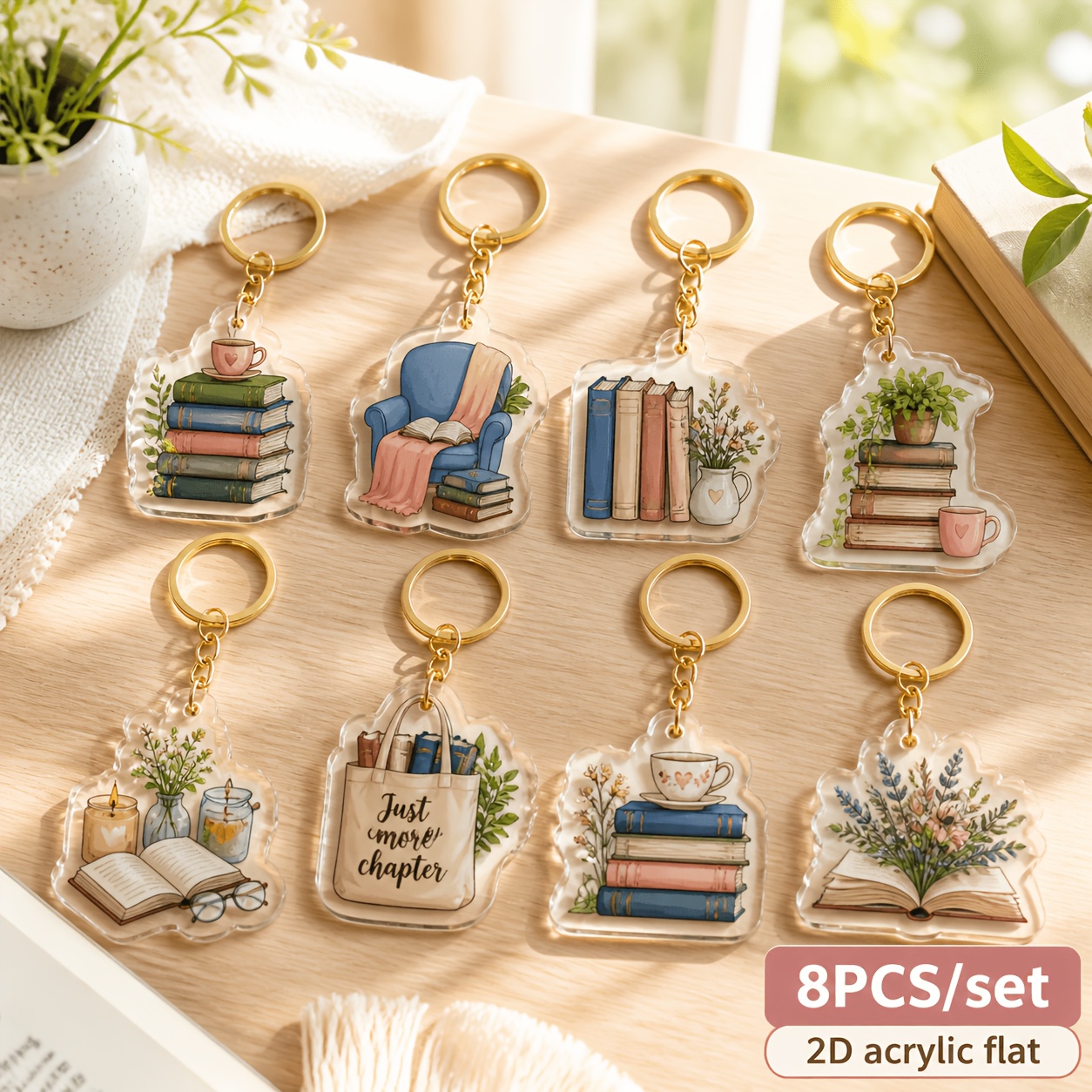 TEMU 2d Flat - [2d Flat] 8pcs Set Of And Cozy Literary Book Scenes, 2d Flat Acrylic Keychain Pendants, Bag Decoration, Gift For Book Lovers And