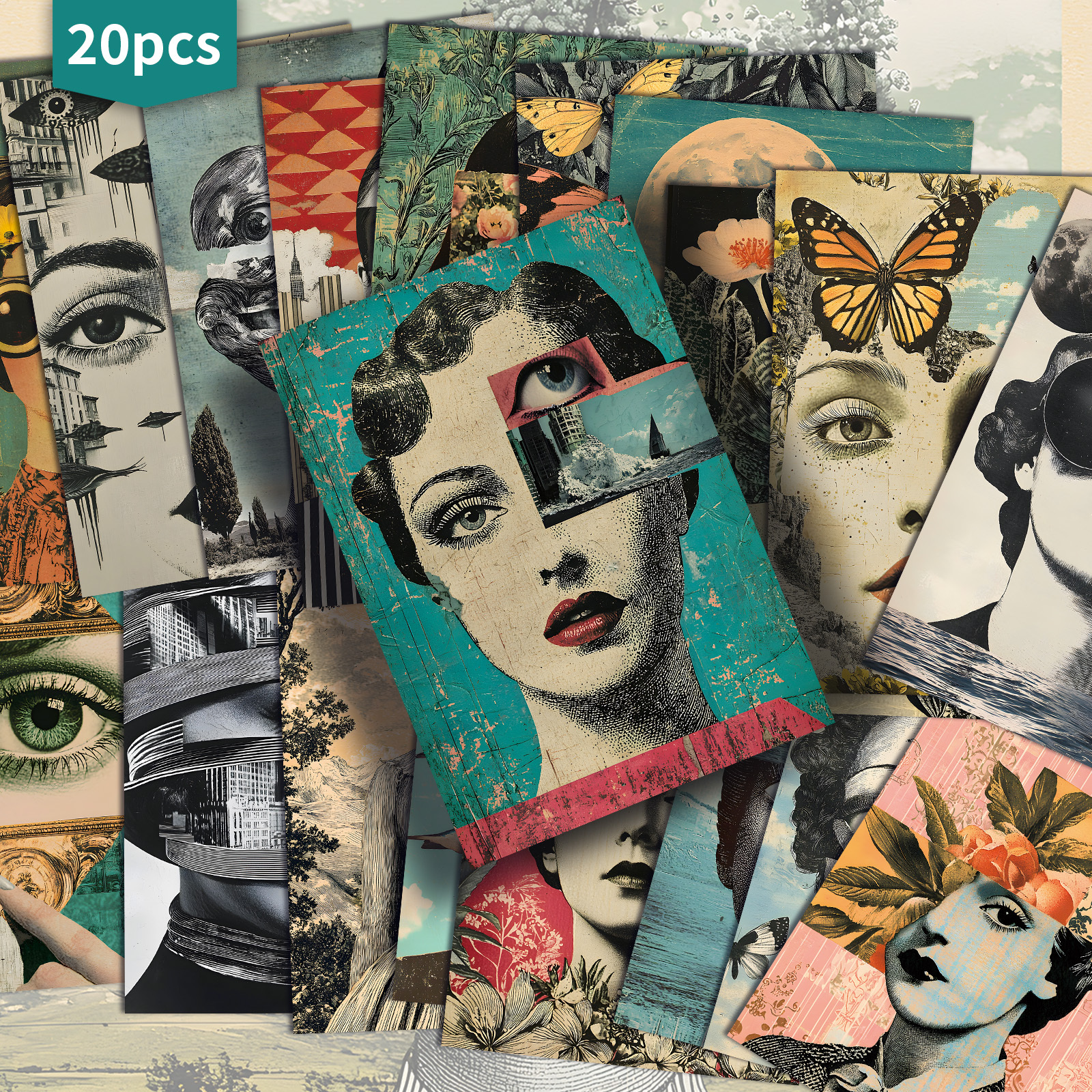 E-shop 20 Stück ASSTSS Vintage Surrealistische Collage Postkarten - 4x6 Zoll Retro Junk Journal Papier mit klassischen Illustrationen, Sammelbare