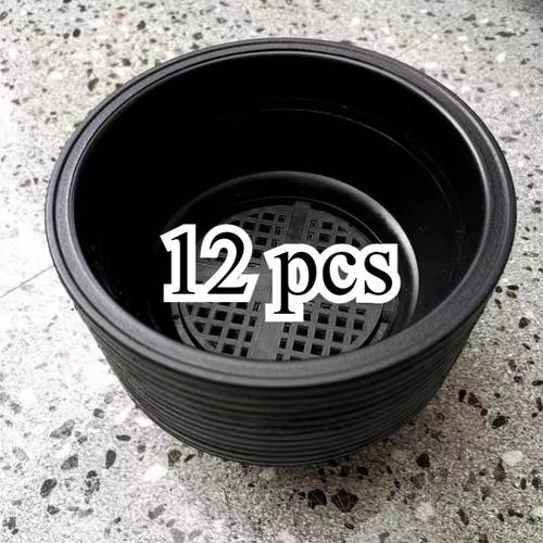 12pcs black round plant pots with matte rim designed for planting with drainage holes plastic material each size 7 8inch
