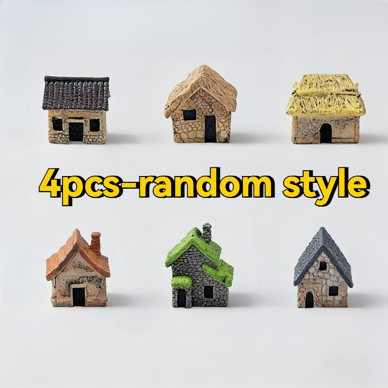 TEMU Set da 4 pezzi di mini case in resina casuali, realizzate a con finitura in resina , con 6 tipi di stili vintage tra cui piastrelle, di paglia,
