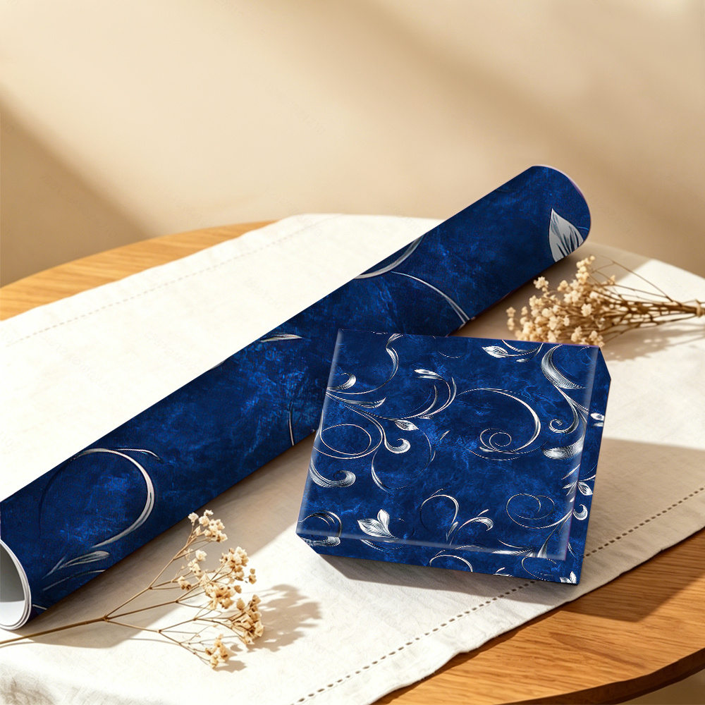 TEMU 1roll, 2d 19.69x118.11in Vintage Blue Silvery Scroll Pattern Wrapping Paper, Universal Packaging Material For Birthday Gift Boxes, Bestie Gifts,