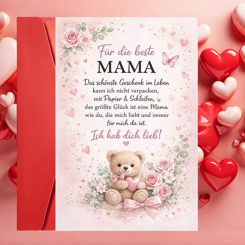 E-shop Eine wunderschöne Grußkarte mit Blumen und einem Teddybären, ideal zum Ausdruck von Liebe und Dankbarkeit an deine Mutter zum Muttertag, ihren