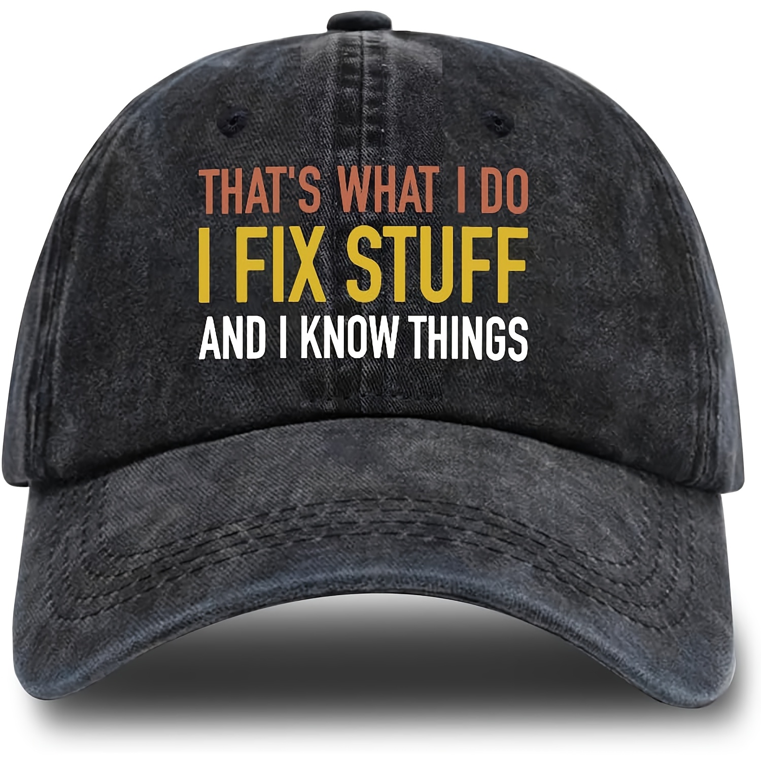 TEMU Men's Adjustable Washed Baseball With Humorous "i Fix Things" Slogan - Black And Yellow Casual Striped Design, Hand Washable, Daily Headwear |