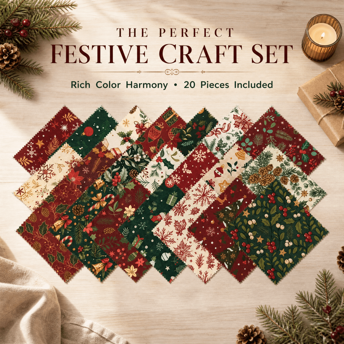 TEMU Set de 20 piezas de tela estampada con diseño de patchwork navideño de 9.8 X 9.8 pulgadas, flores navideñas y verdes, frutas navideñas, regalos