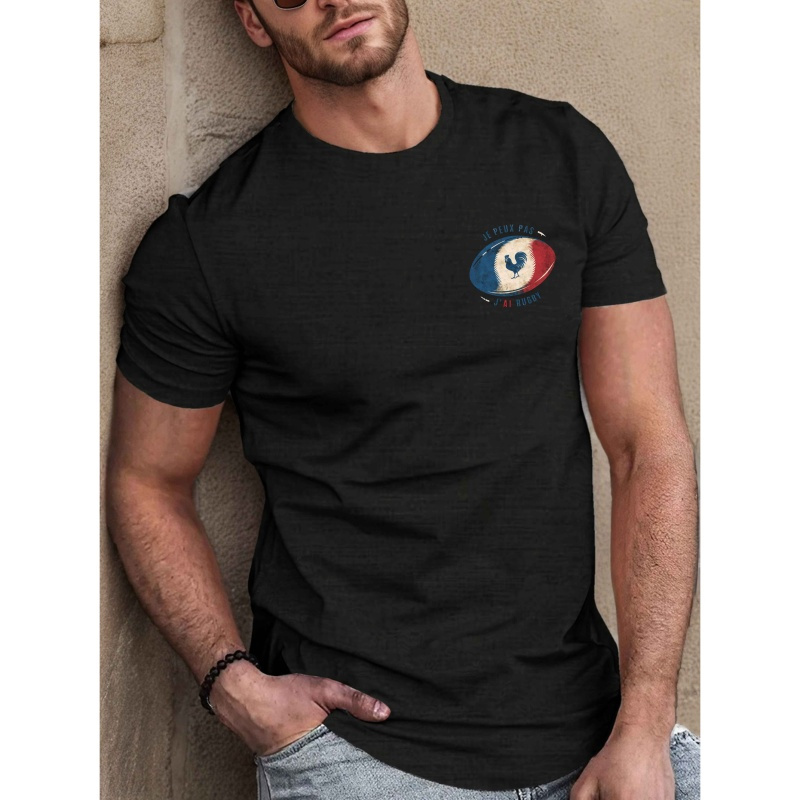 

1pc T-shirt décontracté à imprimé rugby pour homme, T-shirt à manches courtes en de polyester à col rond, motif géométrique, coupe standard pour adultes - Collection été