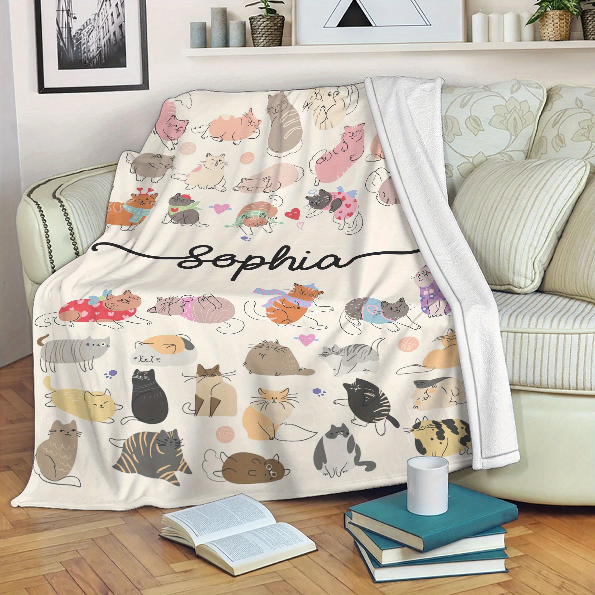 TEMU Personalized Cat-themed Flannel Blanket With Custom Name - Printed Soft And Warm Throw Blanket, Suitable For Cat Lovers, , Lightweight For Sofa,