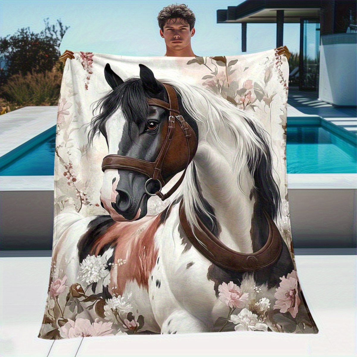 TEMU 1pc Horse With Floral Decorations Blanket- Lightweight Flannel Throw For Sofa, Outdoor, Camping, Livingroom, Office, Chair, And Bed – Digital