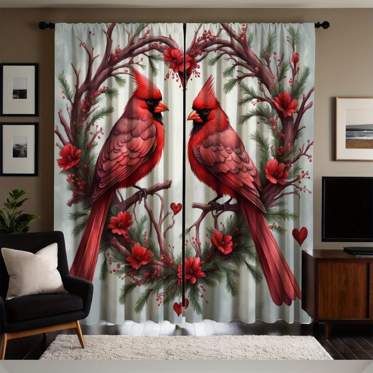 

2pcs Set & Floral Heart Pattern Curtains - Rod For Easy Hanging, Machine Washable Polyester Microfiber, Living Room & Bedroom Decor, Printed, Branch Pattern, Study Room