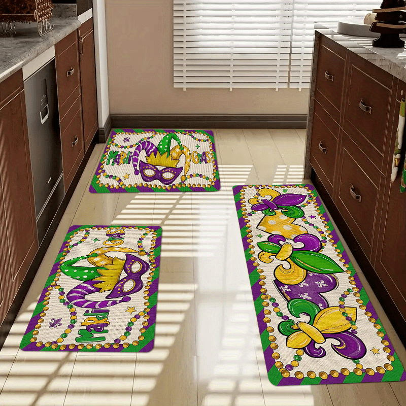 

2/3pcs Mardi Gras Kitchen Mat Set - Vibrant Purple Mask & Design, 10mm Soft Flannel, Non-slip & Stain-resistant, Ideal For Bedroom, Living Room, Dining Area, Bathroom & Entryway, Kitchen Rugs