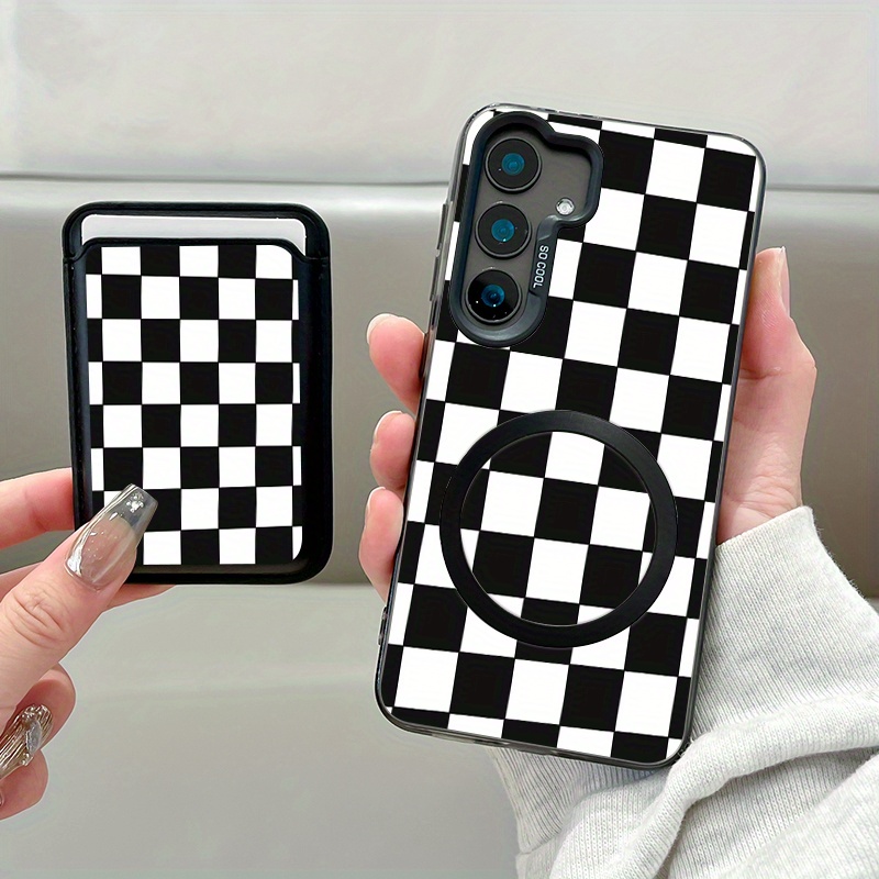TEMU Phone Case: 2pcs Set New Creative Black & White Grid Pattern Magnetic Phone Case & Fashionable Luxury Artificial Leather Magnetic Property