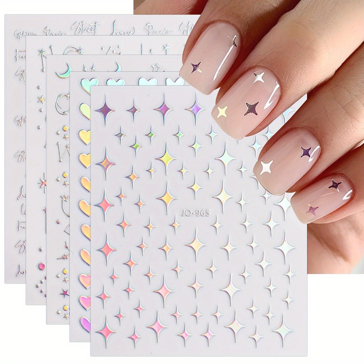 Image of 10 Sheets Aurora Nail Art Stickers Decals Self-adhesive Glitter Holographic Star Heart Nail Supplies Nail Art Additions