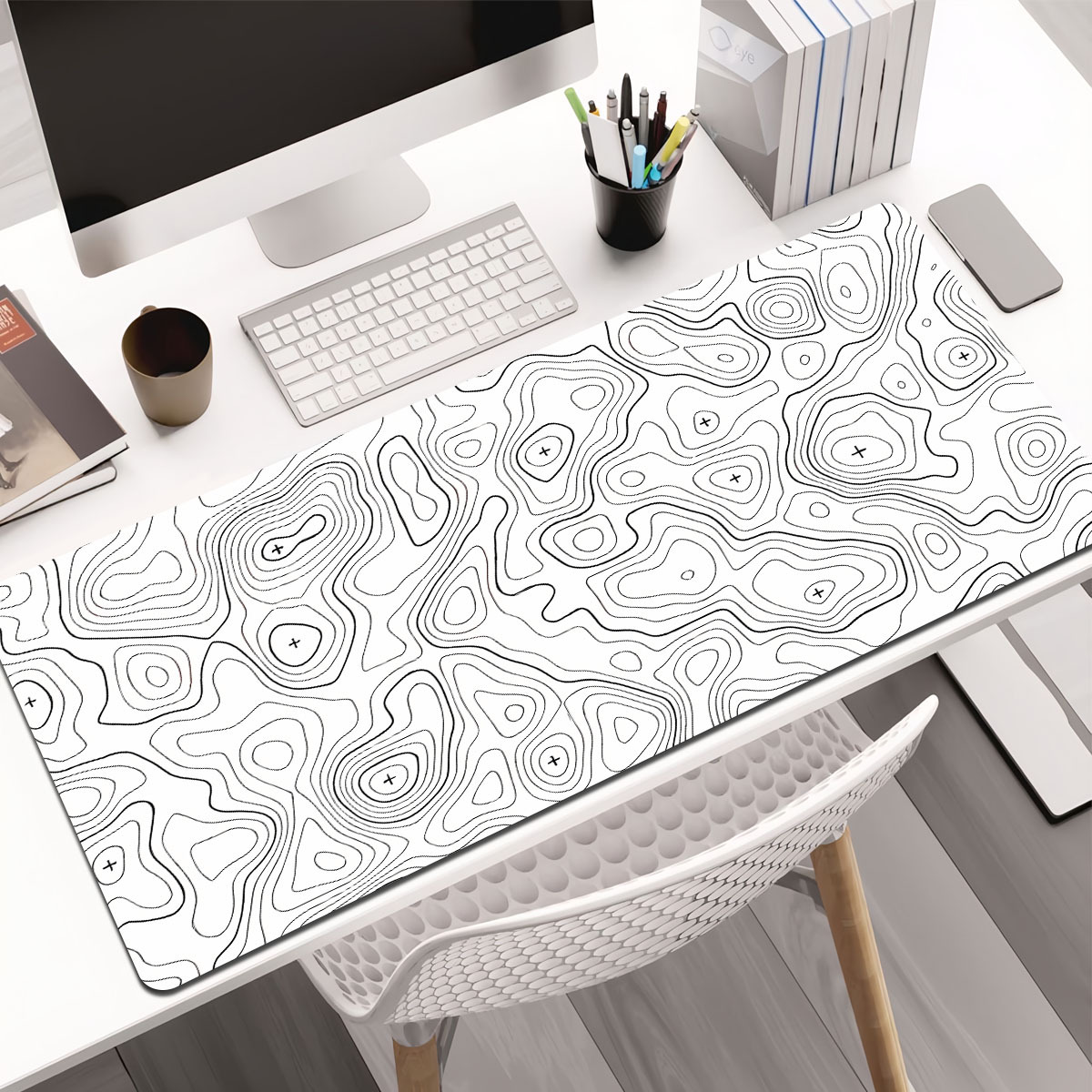 TEMU 1pc Extended Gaming Mouse Pad And Pc Desktop Keyboard Pad -black And Abstract Irregular Terrain Map Pattern - Laptop Protective Pad Desk Mat -
