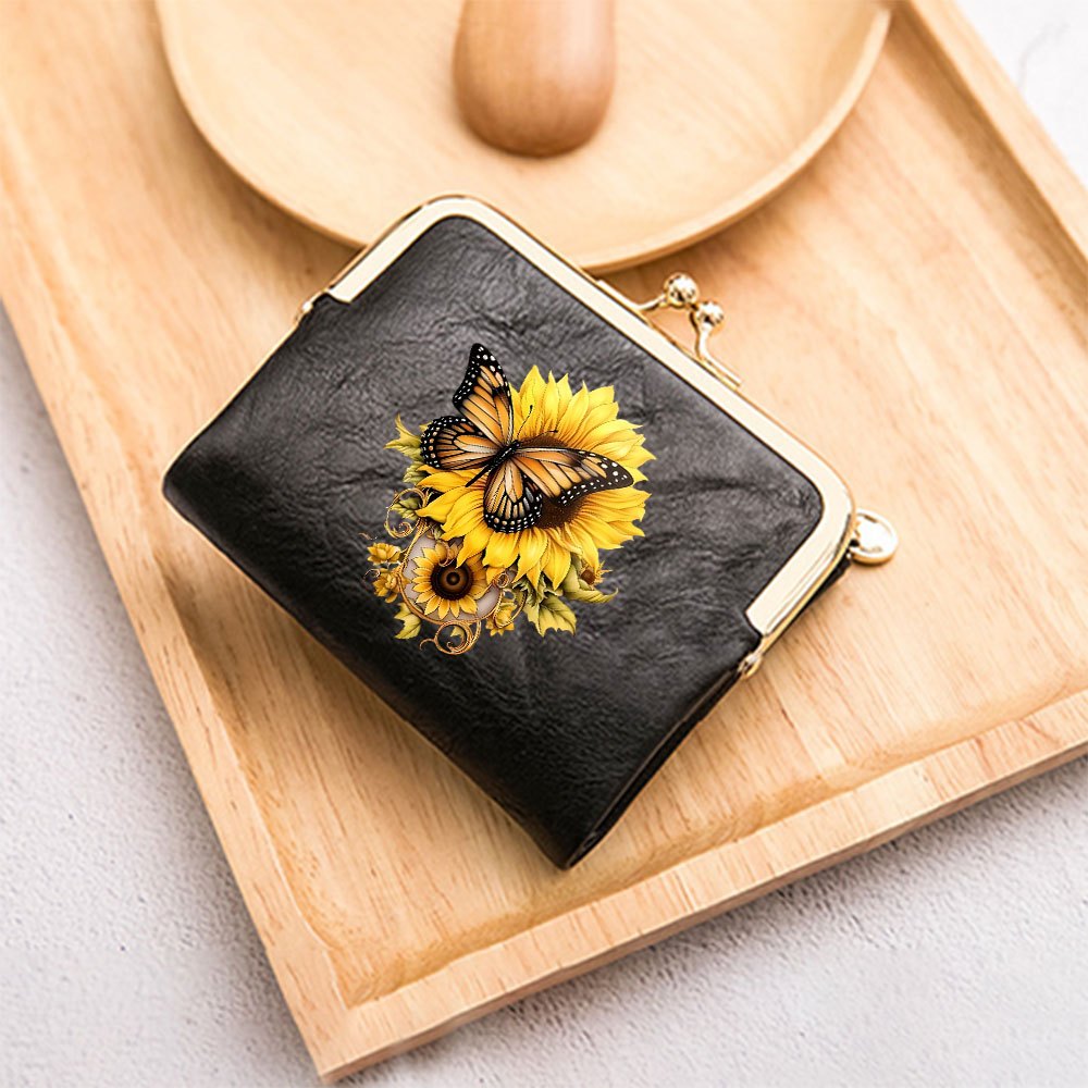 item picture 1pc vintage   sunflower print metal snap pu wallet small kiss lock coin purse portable card holder for women