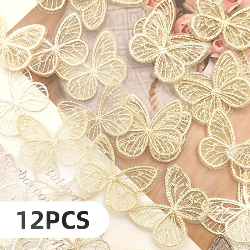 TEMU 12 piezas, Adhesivos de mariposas bordadas de encaje exquisito, Suministros de costura, Manualidades, Materiales caseros hechos a Adecuados para