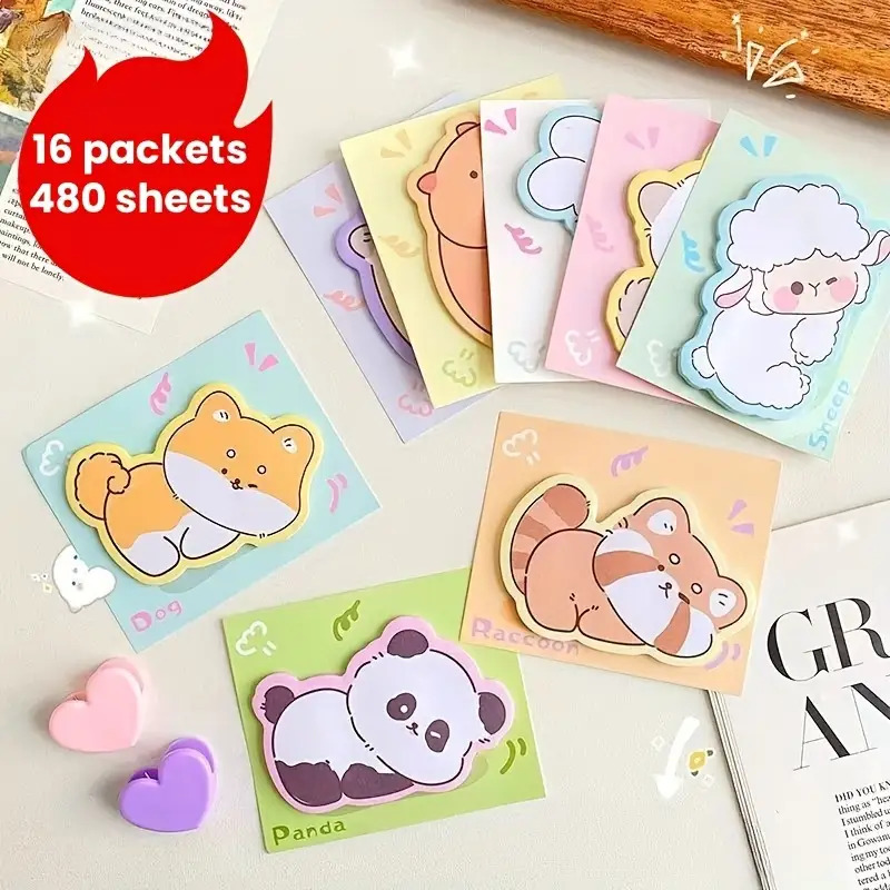 TEMU 16 Sets Of Cute Cartoon Animal Sticky Notes - 480 Sheets, Featuring Adorable Animal Designs, Suitable For Messages, Reminders, Studying, Office