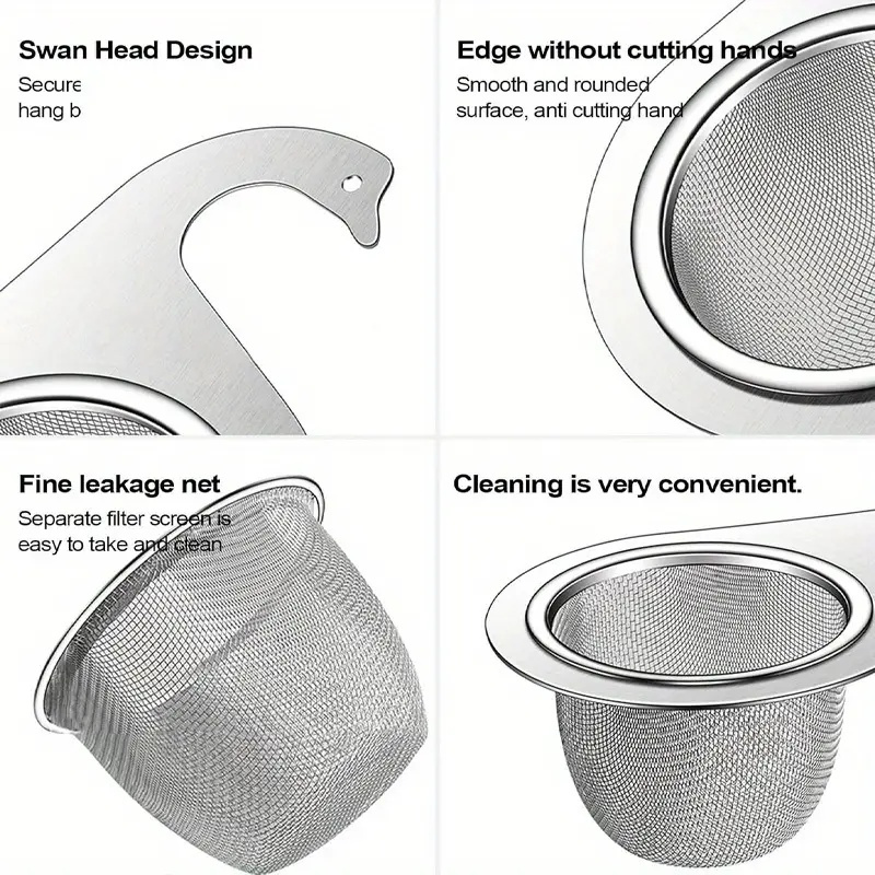 1pc stainless steel swan-shaped draining basket, a hanging draining rack for kitchen use, designed for sinks, no drilling required, separates wet and dry. details 3