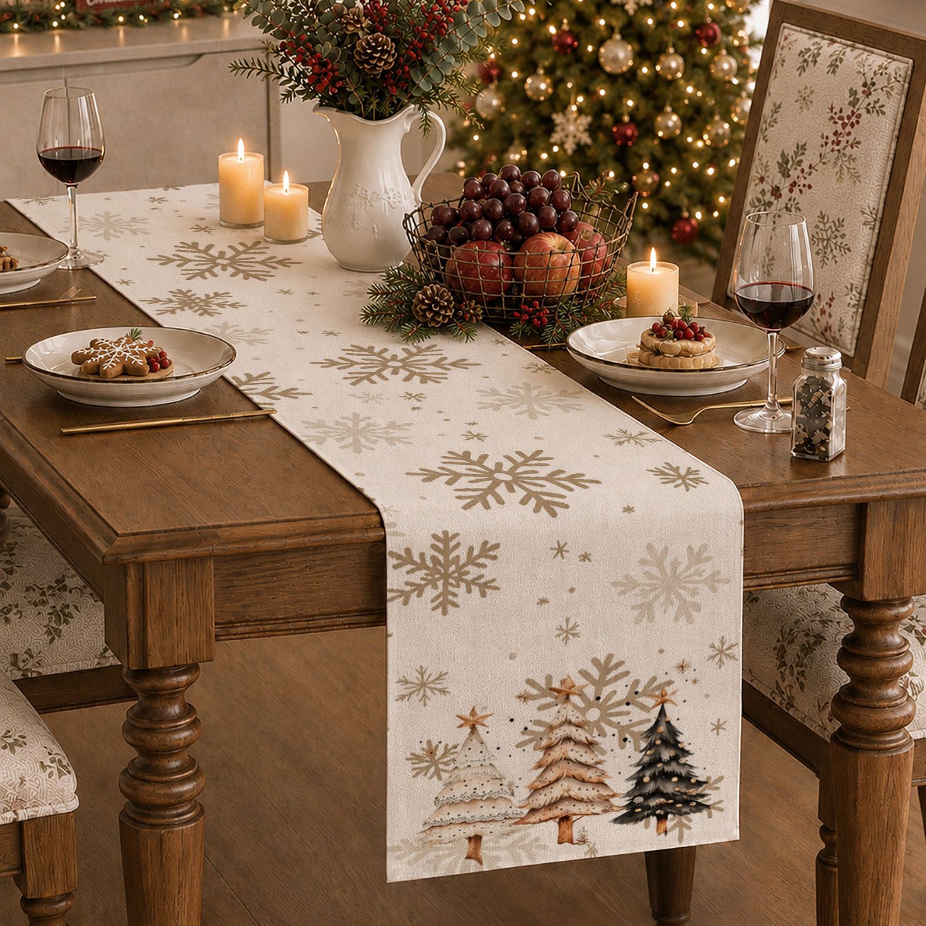 TEMU 1pc Vintage Watercolor Christmas Tree Snowflake Print Table Runner - Printed Design – Non-textured, Modern Living Room Light Luxury Tablecloth,