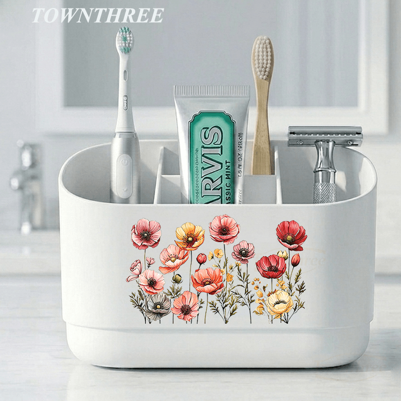 TEMU Bathroom Toiletries Organizer Box - Colorful Poppy Floral Watercolor Stickers - Suitable For Toothbrushes, Toothpaste, Razors, Skincare,