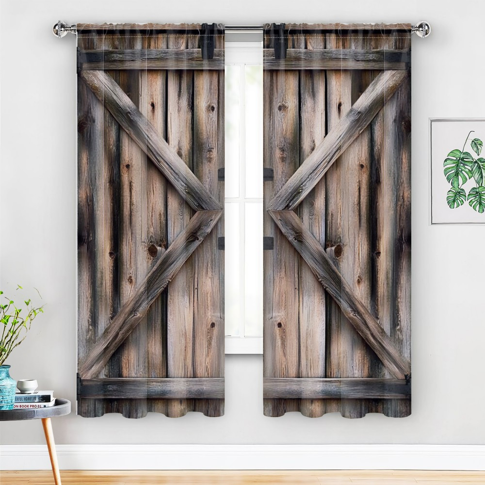 

2pcs Farmhouse Blackout Curtains Set, Vintage Wood And Barn Door Design, Darkening Drapes For Living Room And Bedroom - Polyester