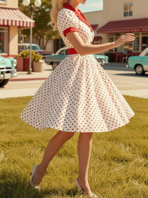 womens polka dot color block lapel puff sleeve waist tied a line dress featuring a retro and mature gentle style suitable for daily commuting casual dates and many other occasions