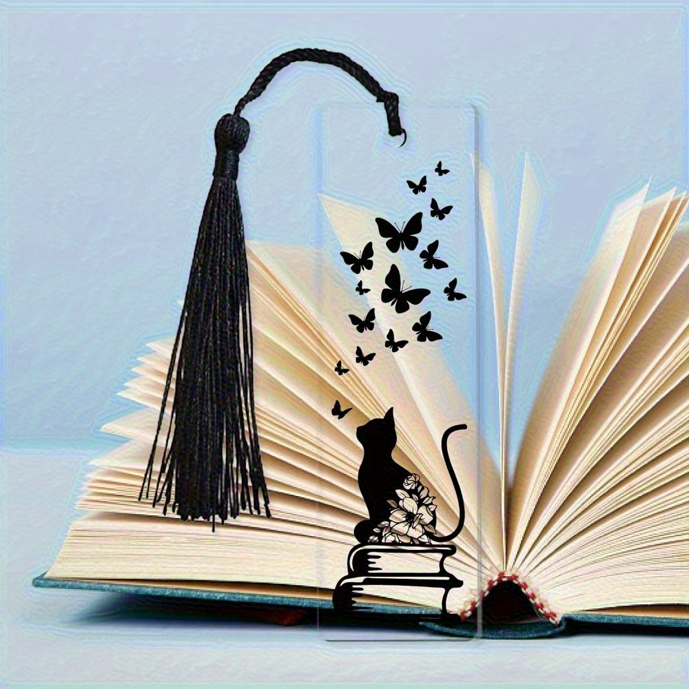 TEMU 1pc Cat And Bookmark - Clear Acrylic, Transparent Rectangular Design, With Black Tassel, 118x35x20mm - Perfect Gift For Book Lovers, Office,