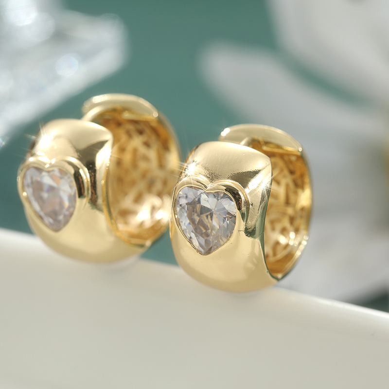 Image of Prevent Allergy Golden Color Heart Shape Hoop Earring Dainty Heart Hoops Earrings Shiny Synthetic White Cubic Zirconia Lovely Earring Boho Women's Additions