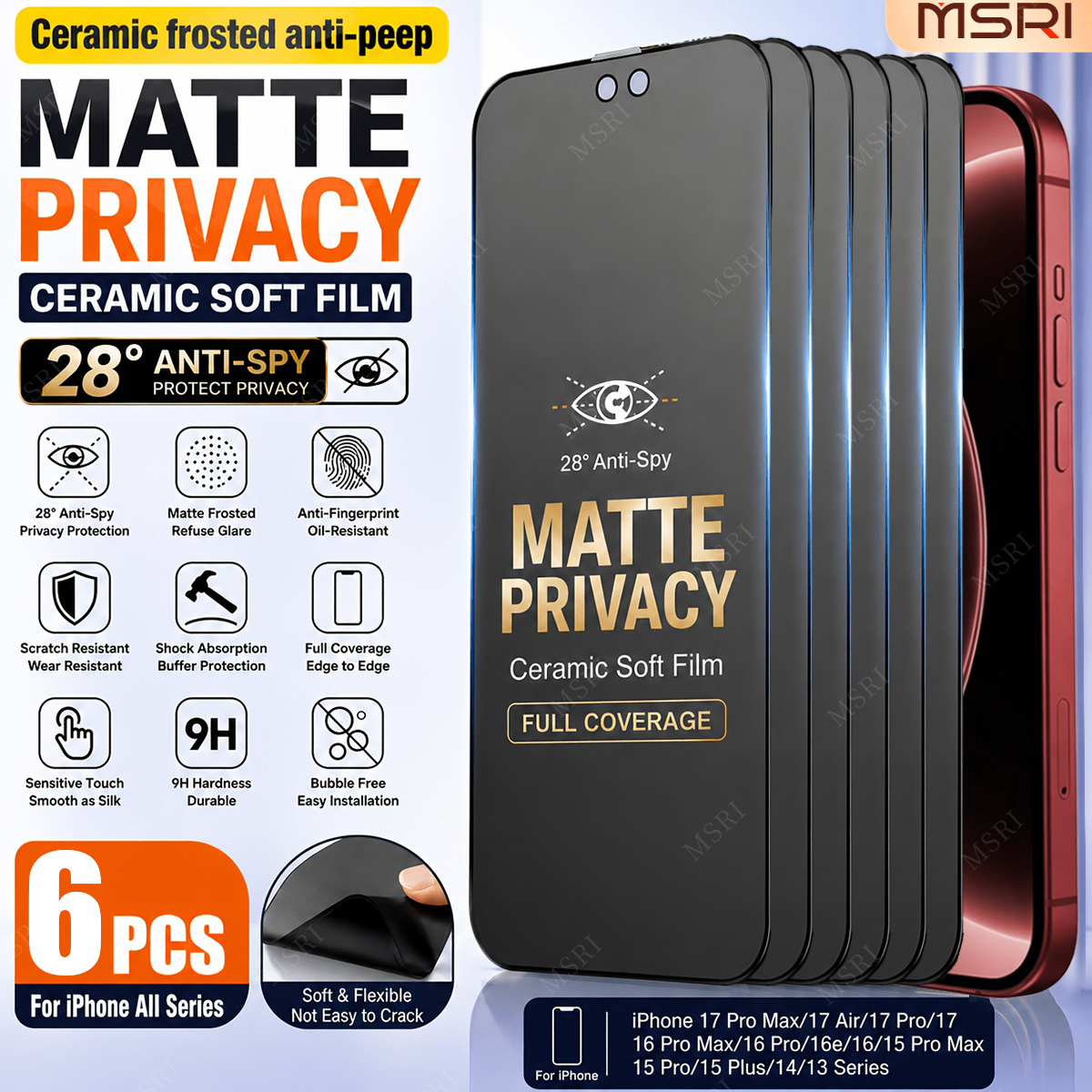 TEMU 6pcs Set (ceramic Frosted Anti-peeping) Privacy Matte Ceramic Soft Film Phone Case, Suitable For Iphone 18 Pro/18 Pro Max, Anti-peeping, Full