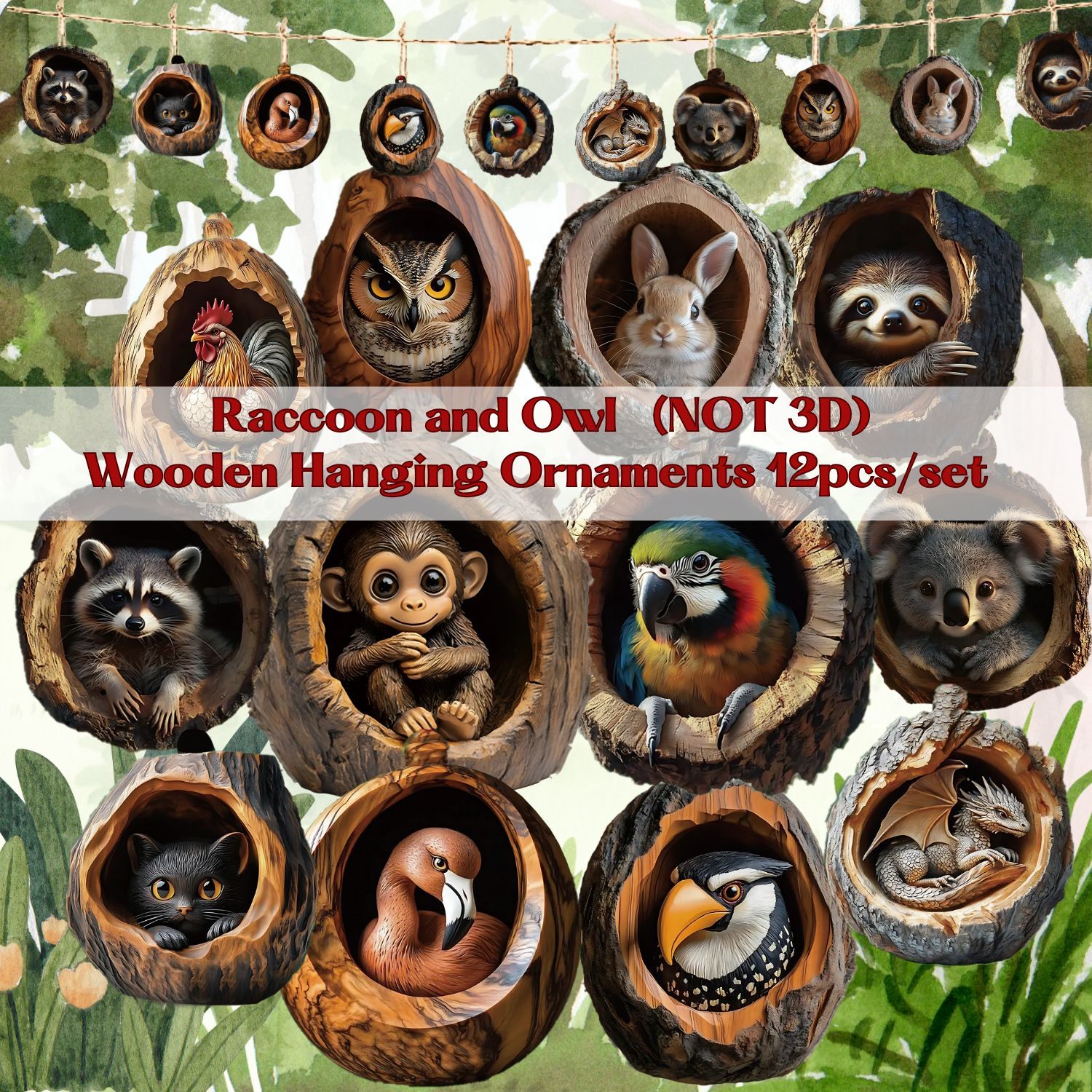 

12pcs Set Wooden Hanging Ornaments - 2d And Owl Animal Patterns, No-electricity Manufactured Wood Decor For Home & Garden, Ideal For Living Room, Bedroom, And Tree Decorations