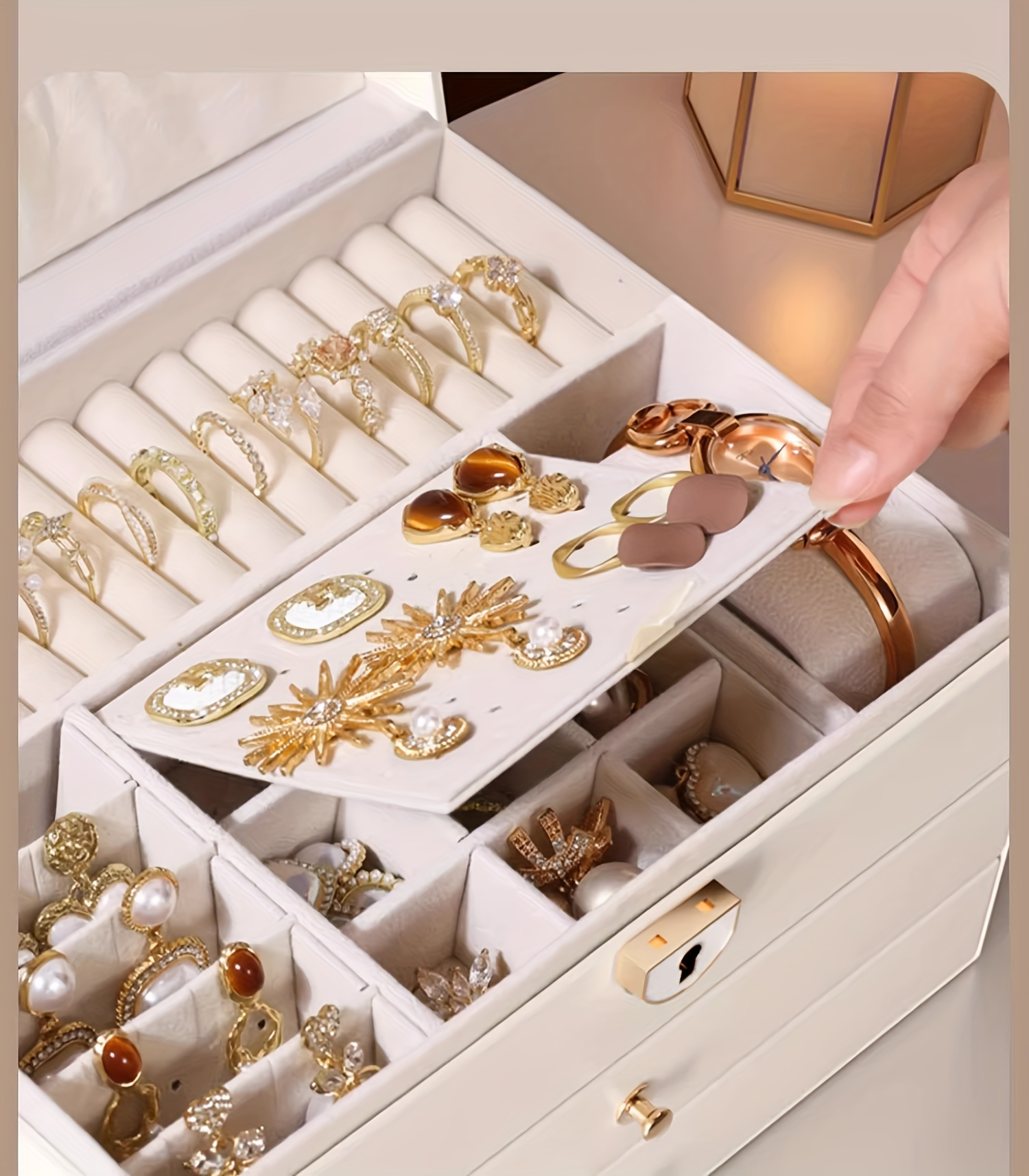 Estuche de Almacenamiento para Joyas de Cuero Sintético con Estilo, Caja de Joyería con Tres Cajones, Elegante Caja de Exhibición para Escritorio, Múltiples Compartimentos para Collares, Pendientes, Anillos y Pulseras, Cierre de Botón, Forro de Tela
