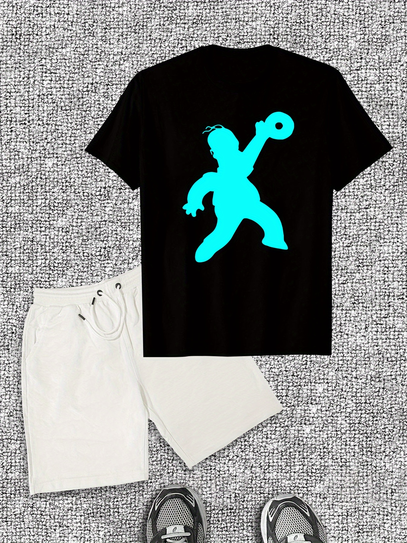 Men'S Casual Summer T-Shirt & Shorts Set, Cotton Crew Neck, Solid Color with Dynamic Cartoon Print, Slight Stretch Fabric, Regular Fit - Ideal for Casual Attir