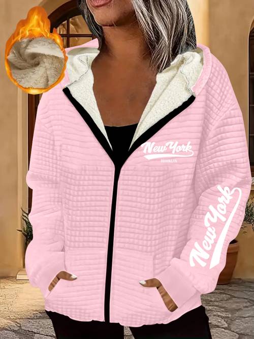 artikel foto engels trendy print, dames dikke volledige rits winterjas - capuchonjas, machinewasbare overjas voor herfst en winter, casual buitenkleding voor dagelijks en formele gelegenheden, geometrisch ritsjas, -gevoerd voor warmte, losse pasvorm, modieuze winterjas, volledige lengte rits met