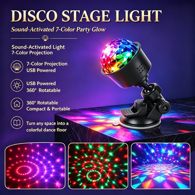 TEMU 1 Set Spraakgestuurde Kleurveranderende RGB Podiumverlichting, 360° Disco Ball Licht, 7 Muziekgevoelig Licht, USB Aangedreven, Geschikt voor