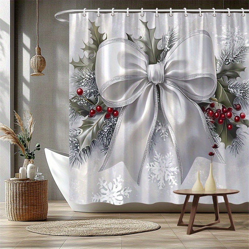 TEMU 1pc White Satin Bow Shower Curtain Silver Trimmings Holly Leaves Red Berries Snowflakes Muted Gray Sparkly Background Wintery Elegant Detailed